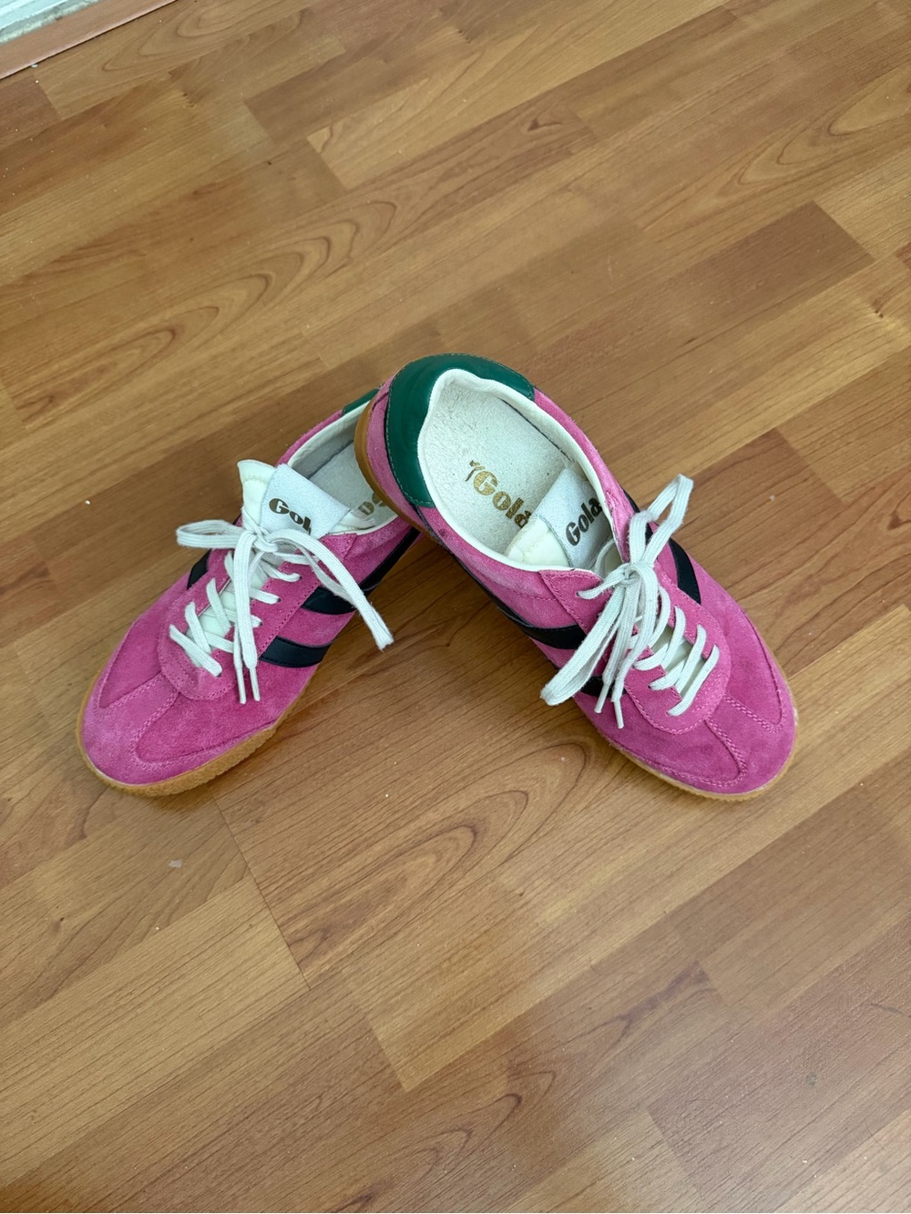 Gola Pink Suede Sneakers with Black Stripes and Green Heel